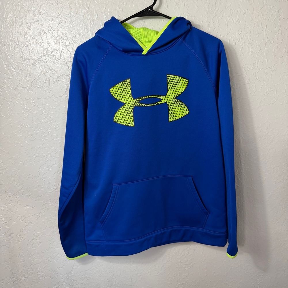 Under Armour Kids Blue Neon Yellow Big Logo Fleece Hoodie Sweatshirt
